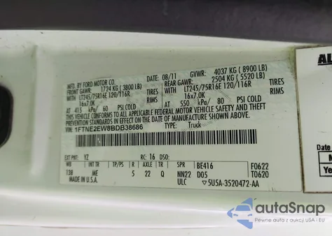 2011 Ford E-250 Commercial из США, поврежденный, VIN 1FTNE2EW8BDB38686